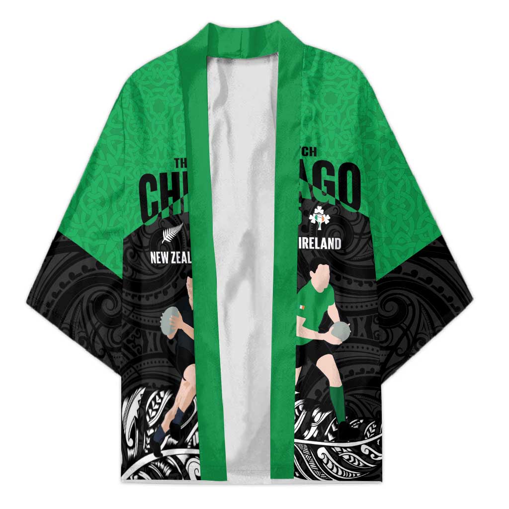 New Zealand and Ireland Rugby Custom Kimono Chicago 2025 Go All Black Shamrocks LT14 Unisex Black - Polynesian Pride