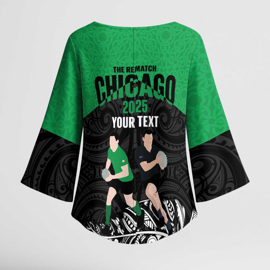 New Zealand and Ireland Rugby Custom Kimono Sleeve Blouse Chicago 2025 Go All Black Shamrocks LT14 - Polynesian Pride
