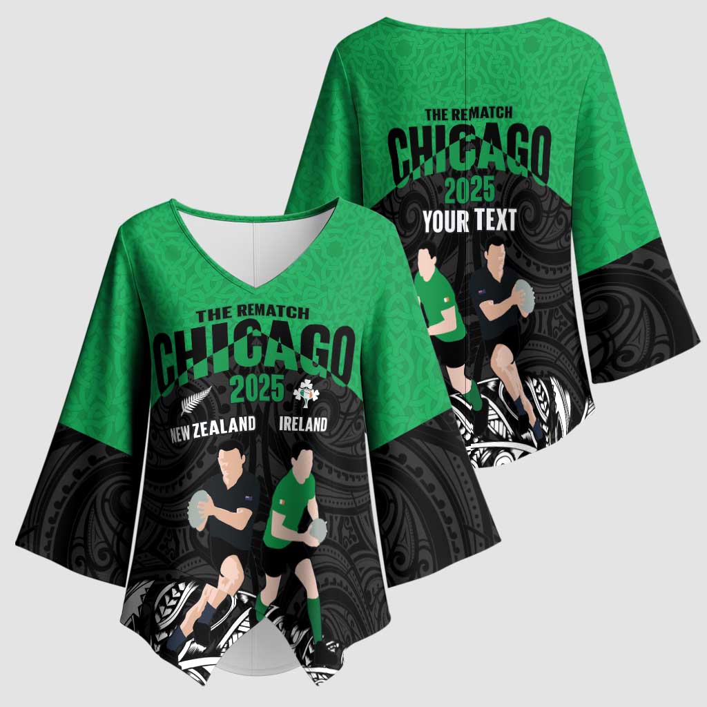 New Zealand and Ireland Rugby Custom Kimono Sleeve Blouse Chicago 2025 Go All Black Shamrocks LT14 - Polynesian Pride