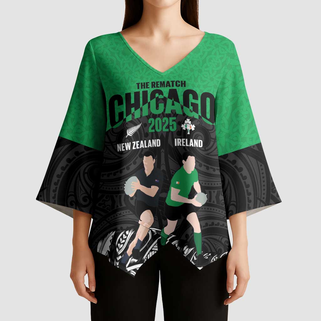 New Zealand and Ireland Rugby Custom Kimono Sleeve Blouse Chicago 2025 Go All Black Shamrocks LT14 - Polynesian Pride