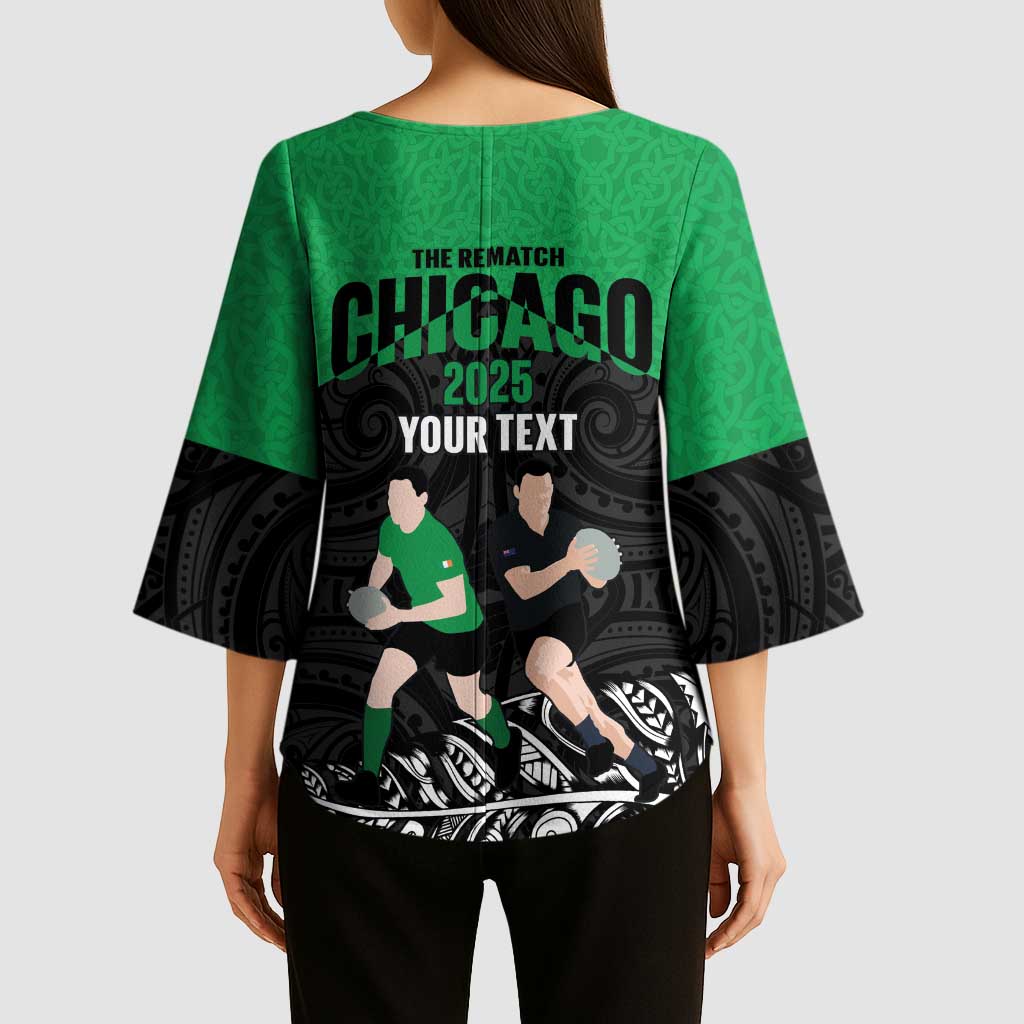 New Zealand and Ireland Rugby Custom Kimono Sleeve Blouse Chicago 2025 Go All Black Shamrocks LT14 - Polynesian Pride