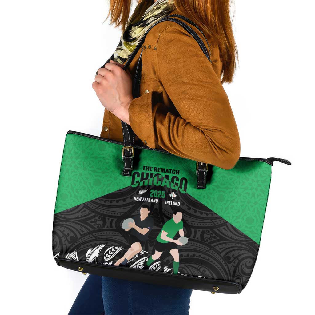 New Zealand and Ireland Rugby Leather Tote Bag Chicago 2025 Go All Black Shamrocks LT14 Black - Polynesian Pride