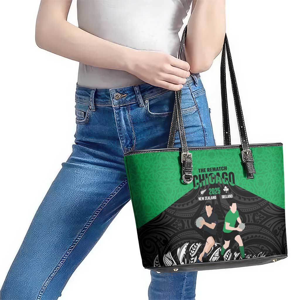 New Zealand and Ireland Rugby Leather Tote Bag Chicago 2025 Go All Black Shamrocks LT14 - Polynesian Pride
