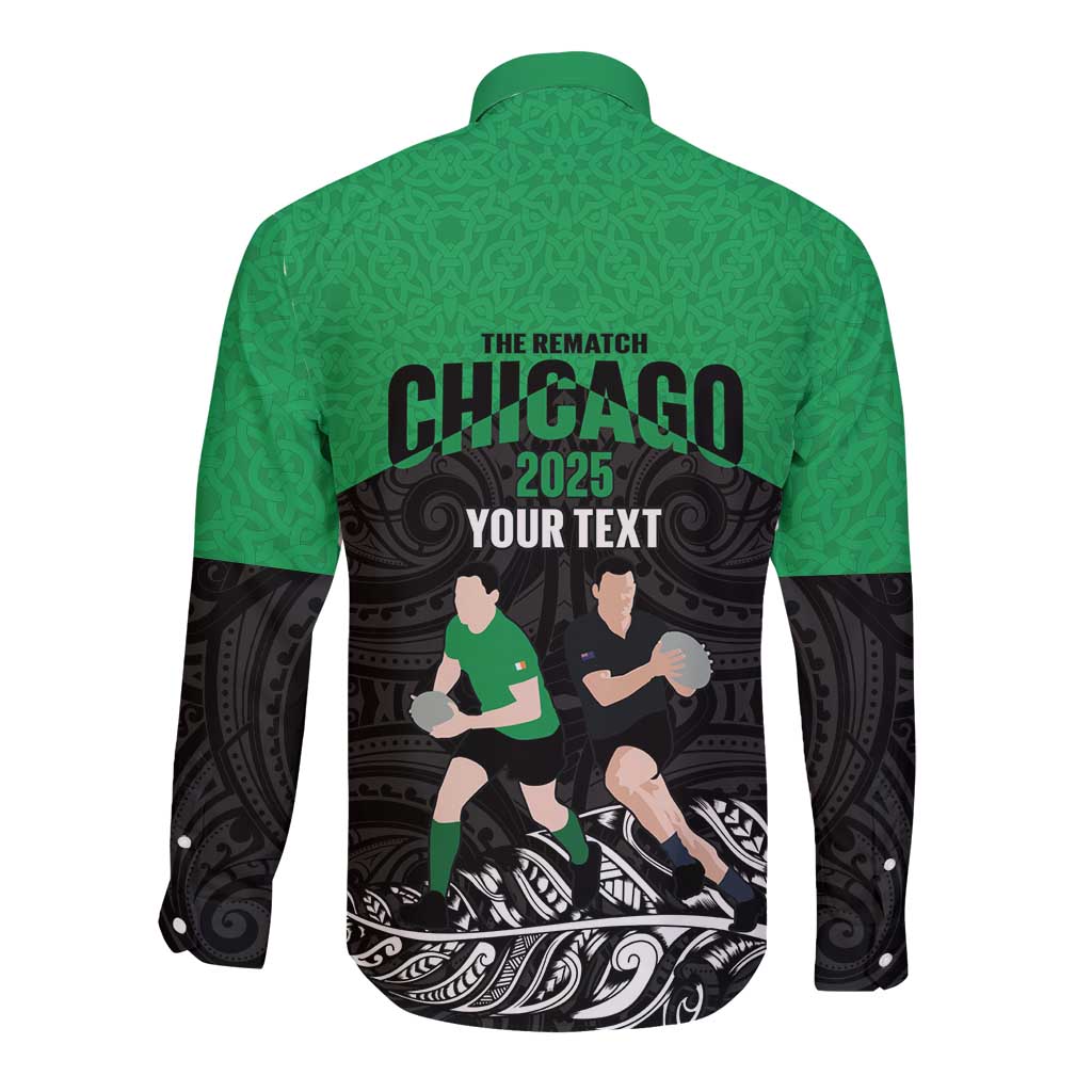 New Zealand and Ireland Rugby Custom Long Sleeve Button Shirt Chicago 2025 Go All Black Shamrocks - Polynesian Pride