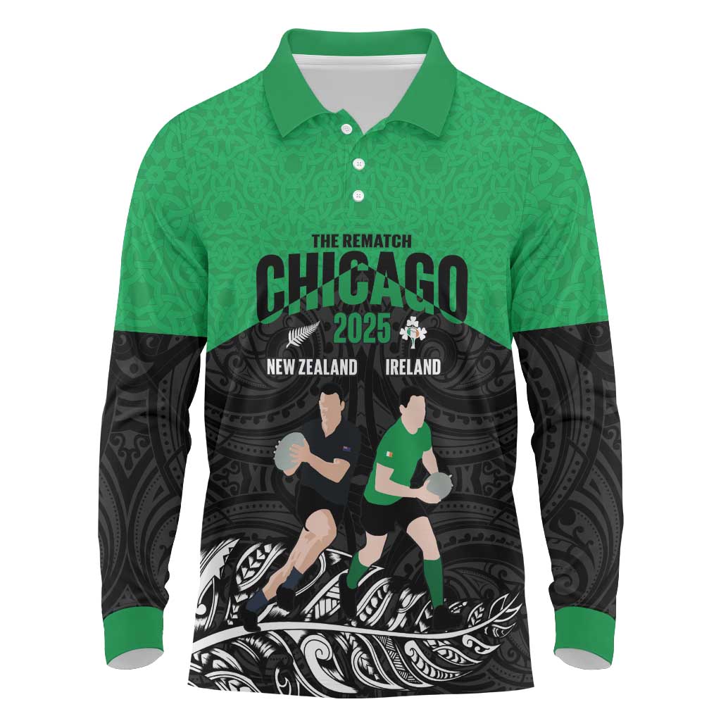 New Zealand and Ireland Rugby Custom Long Sleeve Polo Shirt Chicago 2025 Go All Black Shamrocks LT14 Black - Polynesian Pride