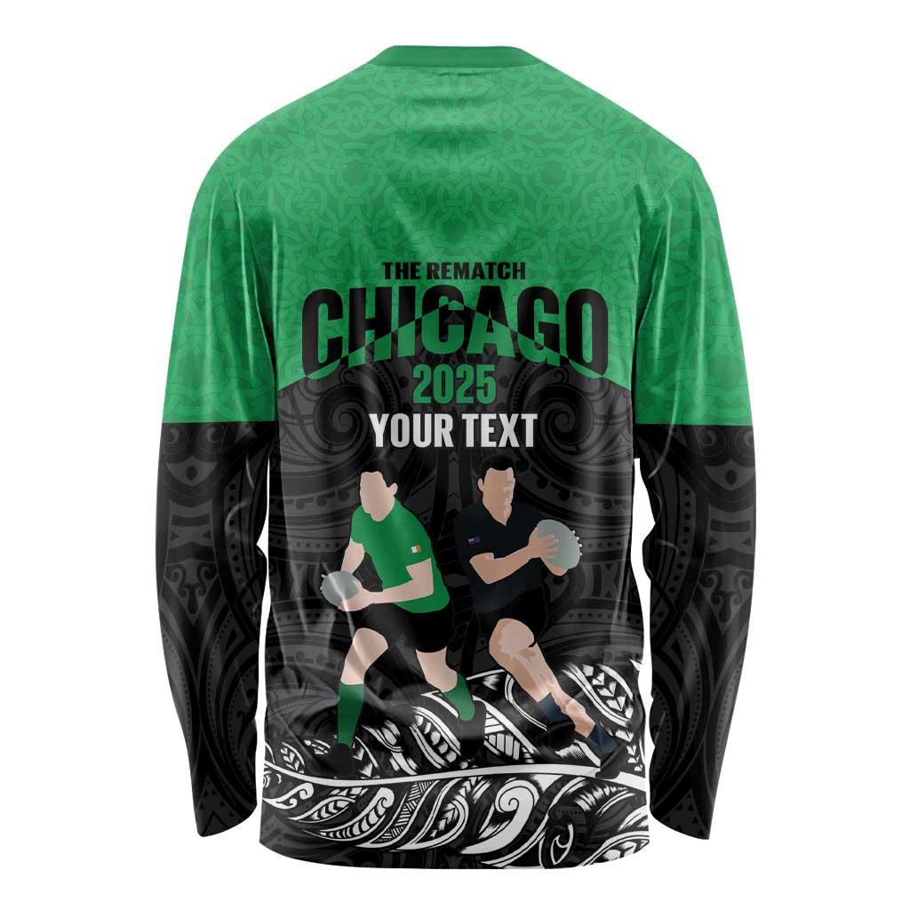 New Zealand and Ireland Rugby Custom Long Sleeve Shirt Chicago 2025 Go All Black Shamrocks - Polynesian Pride