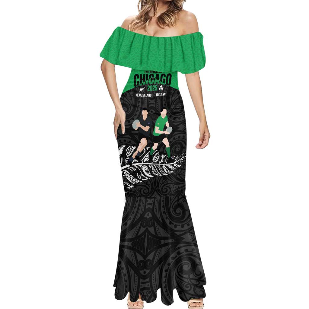 New Zealand and Ireland Rugby Custom Mermaid Dress Chicago 2025 Go All Black Shamrocks LT14 - Polynesian Pride