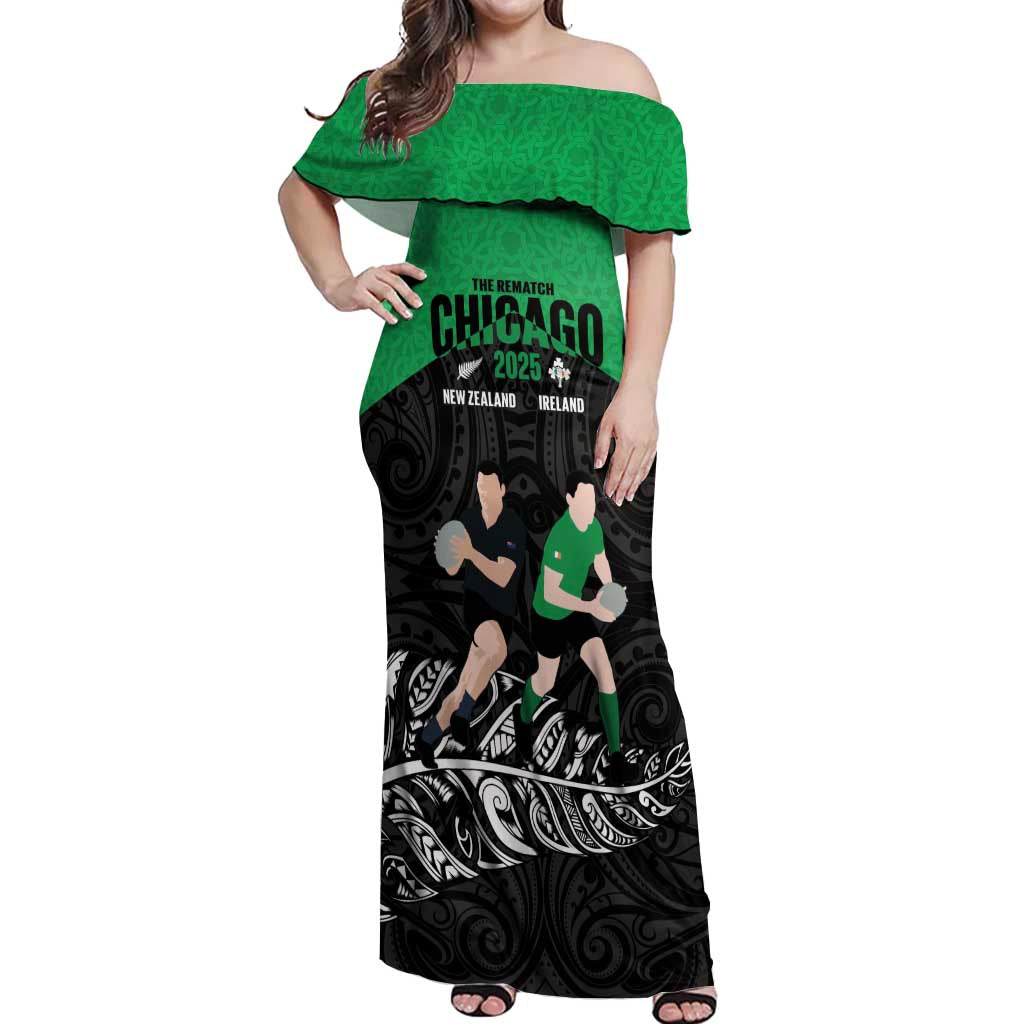 New Zealand and Ireland Rugby Custom Off Shoulder Maxi Dress Chicago 2025 Go All Black Shamrocks LT14 Women Black - Polynesian Pride