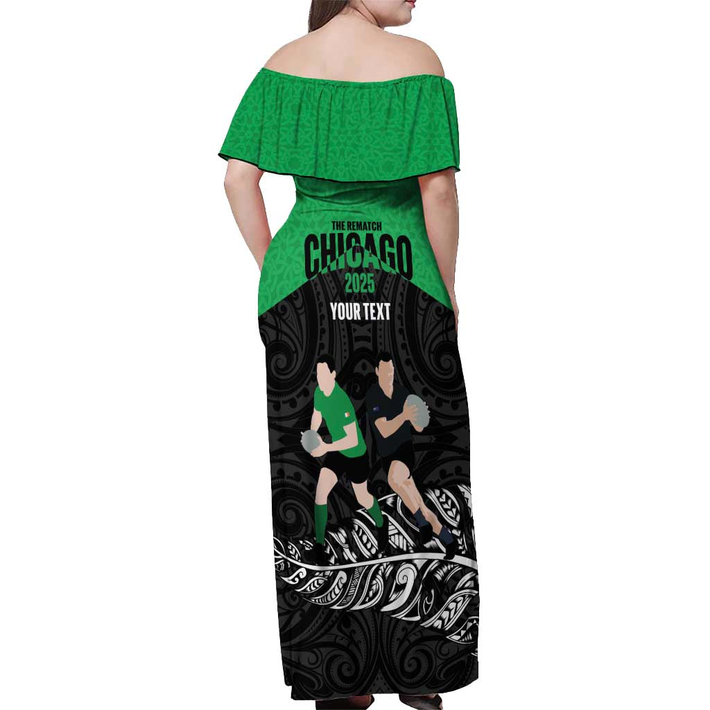 New Zealand and Ireland Rugby Custom Off Shoulder Maxi Dress Chicago 2025 Go All Black Shamrocks LT14 - Polynesian Pride