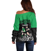 New Zealand and Ireland Rugby Custom Off Shoulder Sweater Chicago 2025 Go All Black Shamrocks LT14 - Polynesian Pride
