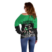 New Zealand and Ireland Rugby Custom Off Shoulder Sweater Chicago 2025 Go All Black Shamrocks LT14 - Polynesian Pride