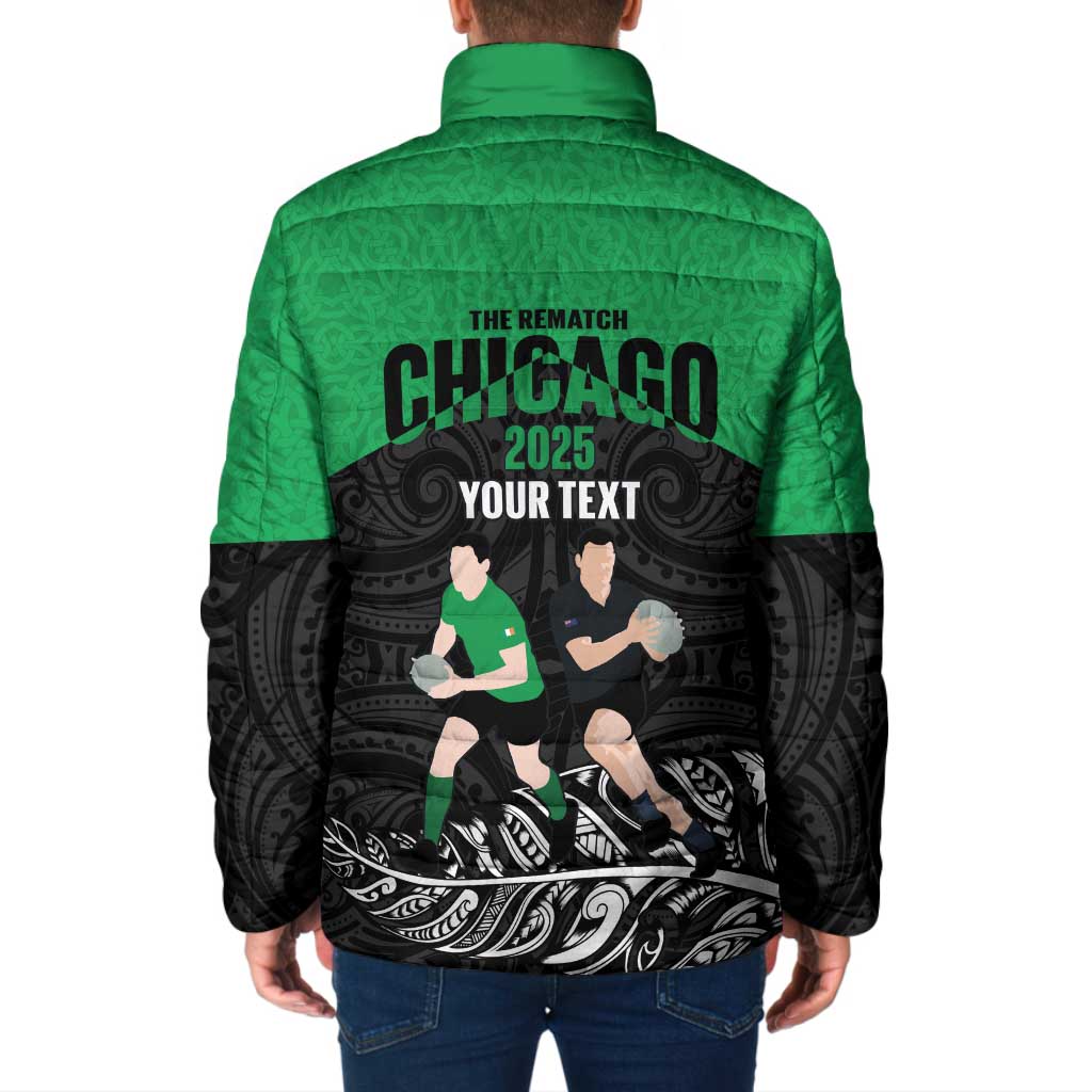 New Zealand and Ireland Rugby Custom Padded Jacket Chicago 2025 Go All Black Shamrocks - Polynesian Pride