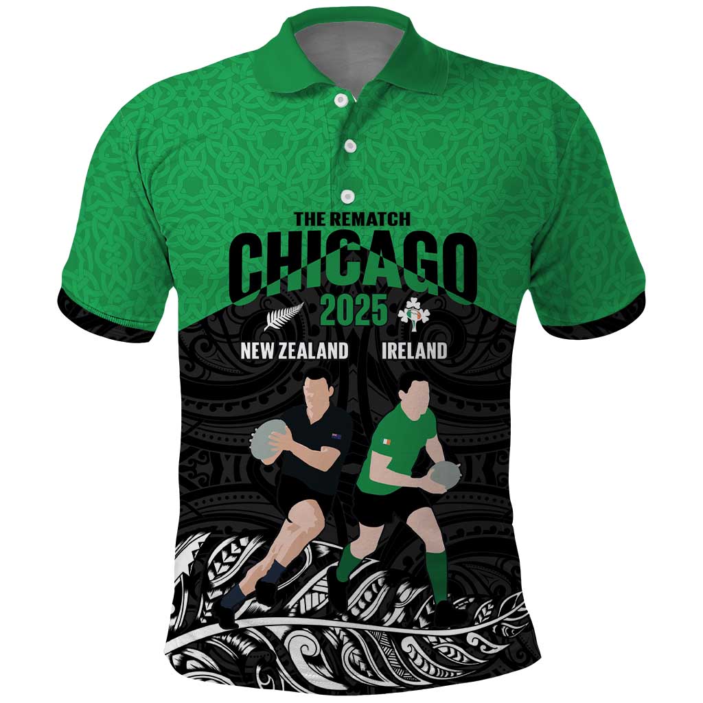 New Zealand and Ireland Rugby Custom Polo Shirt Chicago 2025 Go All Black Shamrocks LT14 Black - Polynesian Pride