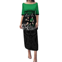 New Zealand and Ireland Rugby Custom Puletasi Chicago 2025 Go All Black Shamrocks LT14 Long Dress Black - Polynesian Pride