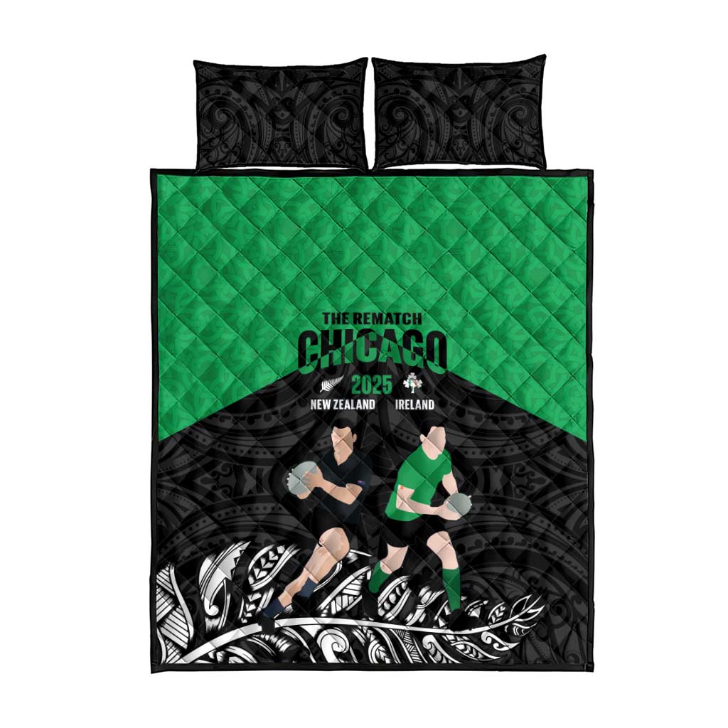 New Zealand and Ireland Rugby Quilt Bed Set Chicago 2025 Go All Black Shamrocks LT14 - Polynesian Pride