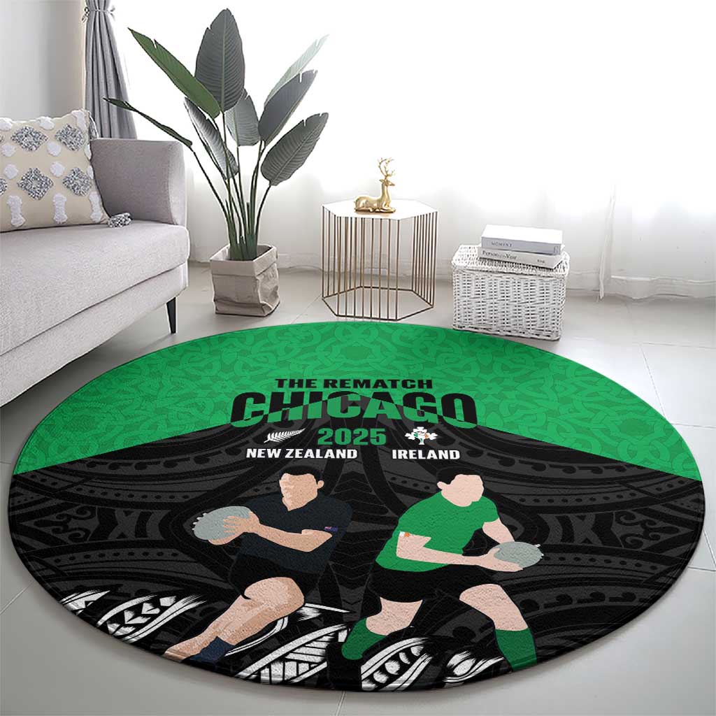 New Zealand and Ireland Rugby Round Carpet Chicago 2025 Go All Black Shamrocks LT14 - Polynesian Pride