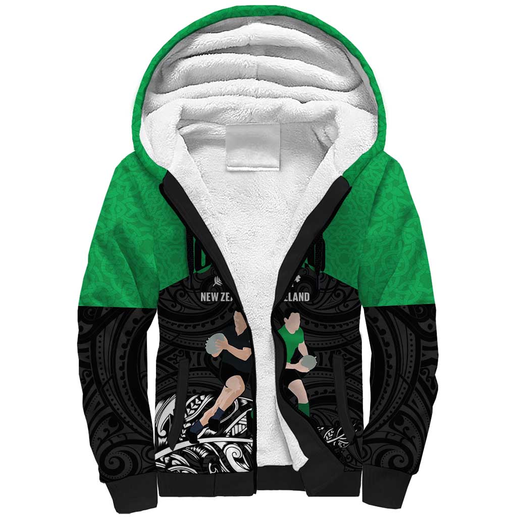 New Zealand and Ireland Rugby Custom Sherpa Hoodie Chicago 2025 Go All Black Shamrocks LT14 Unisex Black - Polynesian Pride