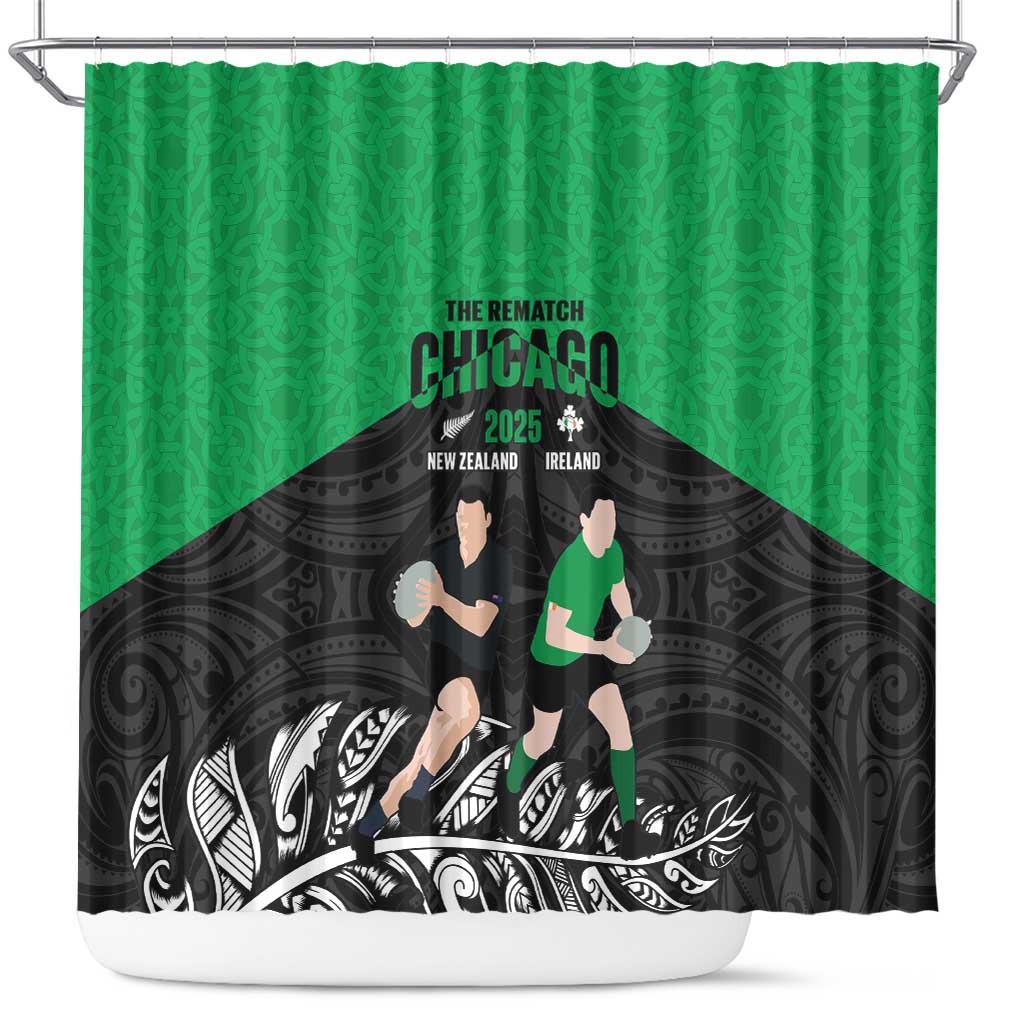 New Zealand and Ireland Rugby Shower Curtain Chicago 2025 Go All Black Shamrocks LT14 Black - Polynesian Pride