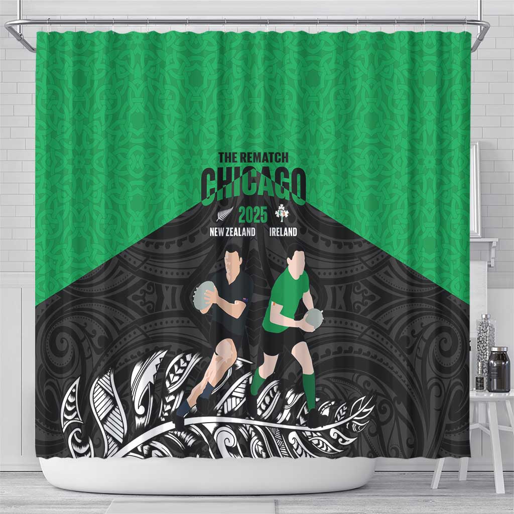 New Zealand and Ireland Rugby Shower Curtain Chicago 2025 Go All Black Shamrocks LT14 - Polynesian Pride