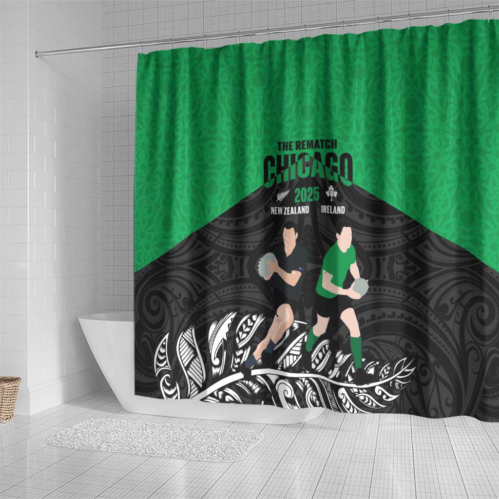 New Zealand and Ireland Rugby Shower Curtain Chicago 2025 Go All Black Shamrocks LT14 - Polynesian Pride