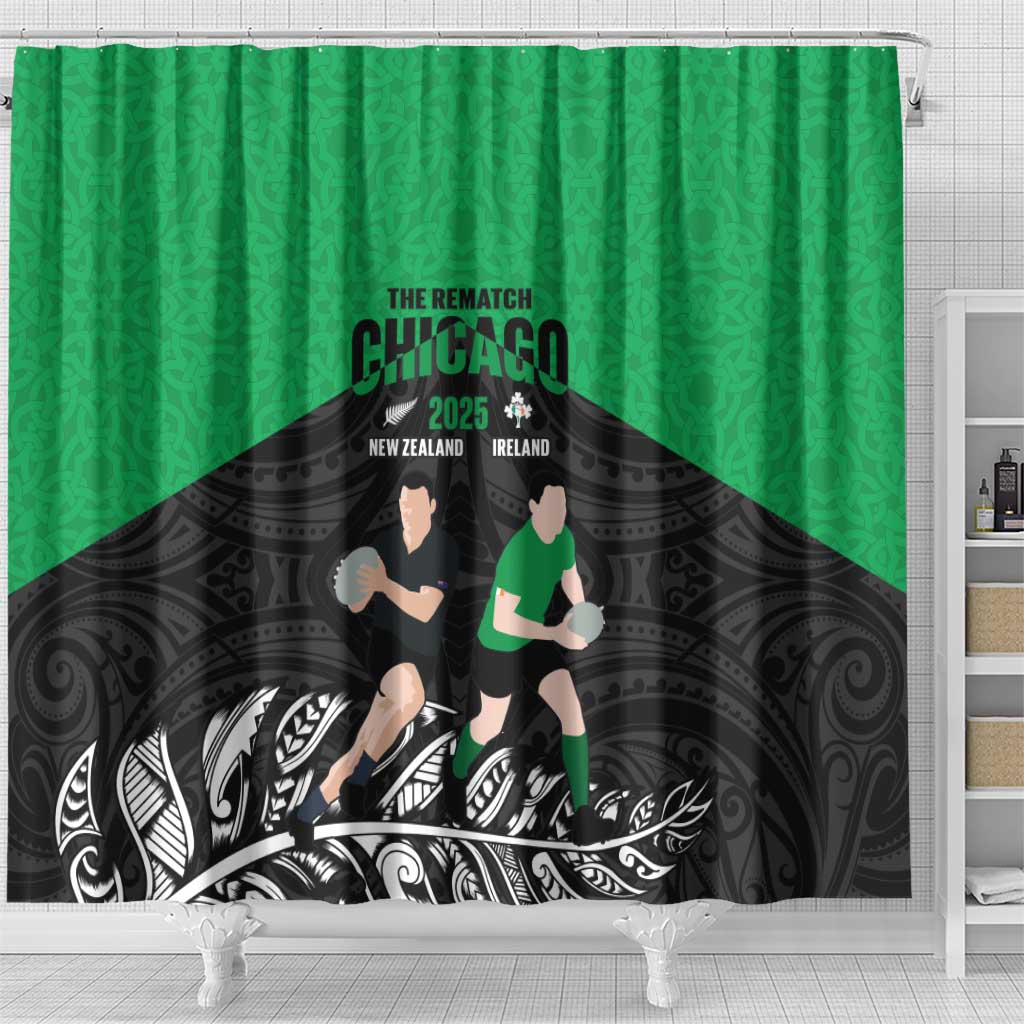 New Zealand and Ireland Rugby Shower Curtain Chicago 2025 Go All Black Shamrocks LT14 - Polynesian Pride