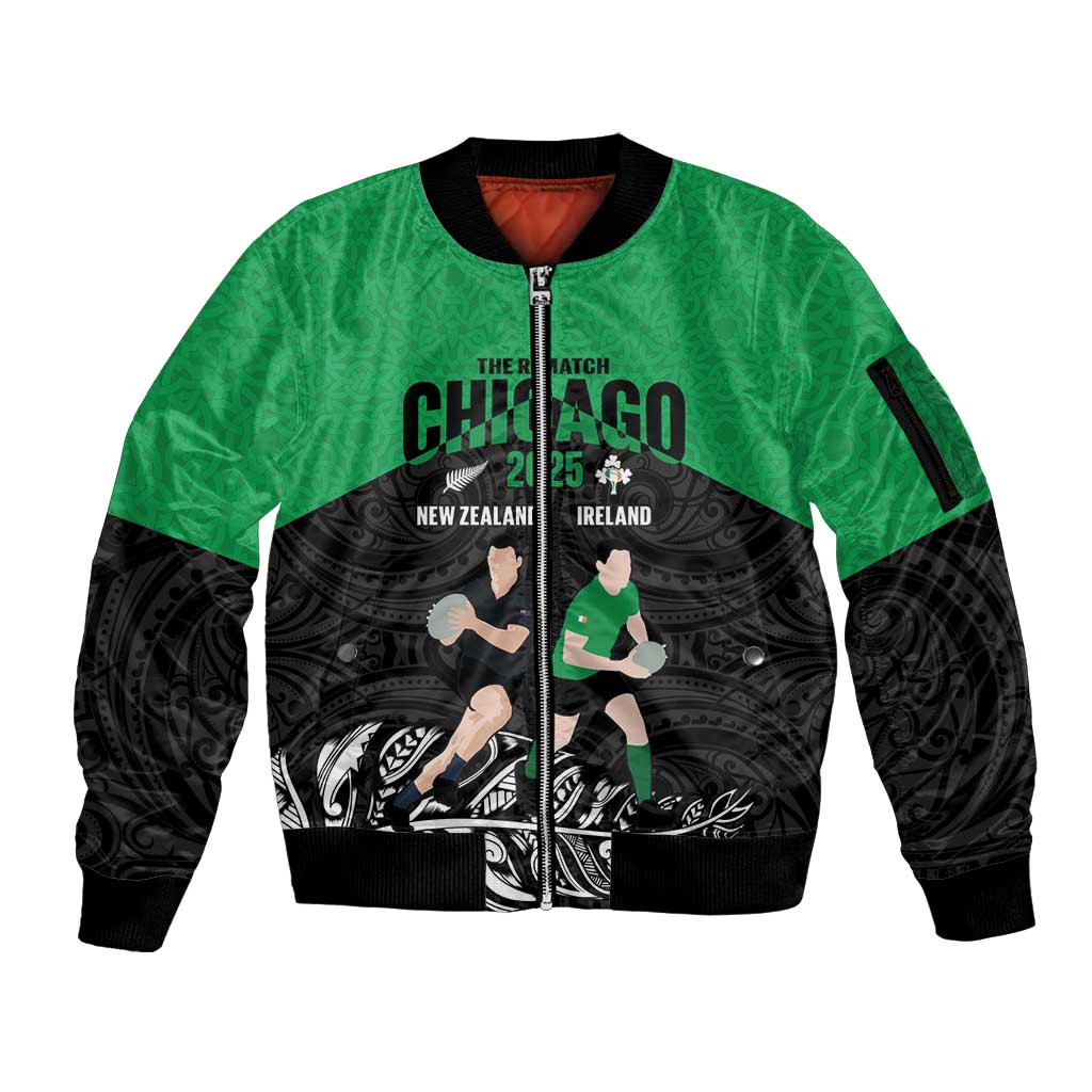 New Zealand and Ireland Rugby Custom Sleeve Zip Bomber Jacket Chicago 2025 Go All Black Shamrocks LT14 Unisex Black - Polynesian Pride