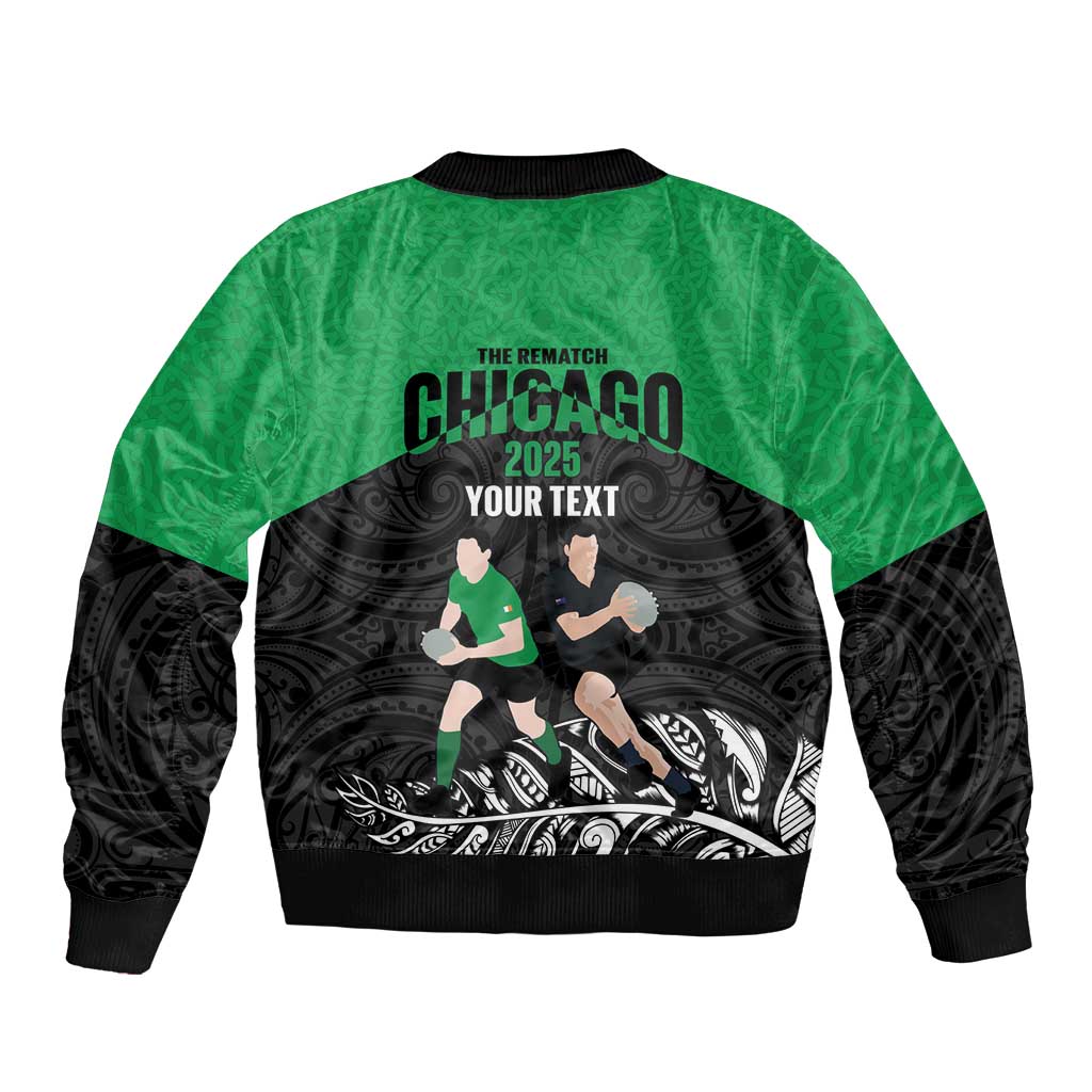 New Zealand and Ireland Rugby Custom Sleeve Zip Bomber Jacket Chicago 2025 Go All Black Shamrocks LT14 - Polynesian Pride