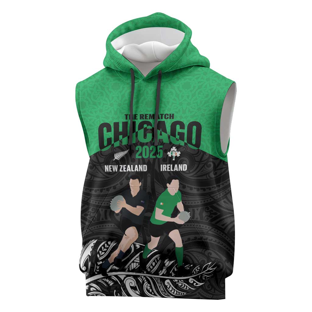 New Zealand and Ireland Rugby Custom Sleeveless Hoodie Chicago 2025 Go All Black Shamrocks LT14 Black - Polynesian Pride