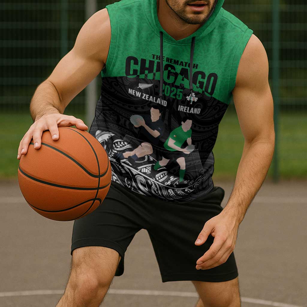 New Zealand and Ireland Rugby Custom Sleeveless Hoodie Chicago 2025 Go All Black Shamrocks LT14 - Polynesian Pride