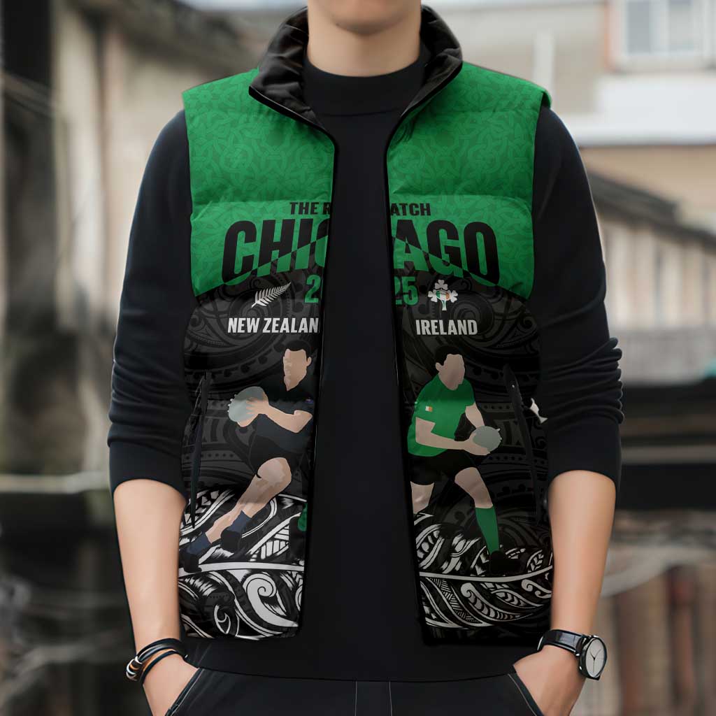 New Zealand and Ireland Rugby Custom Sleeveless Puffer Jacket Chicago 2025 Go All Black Shamrocks - Polynesian Pride