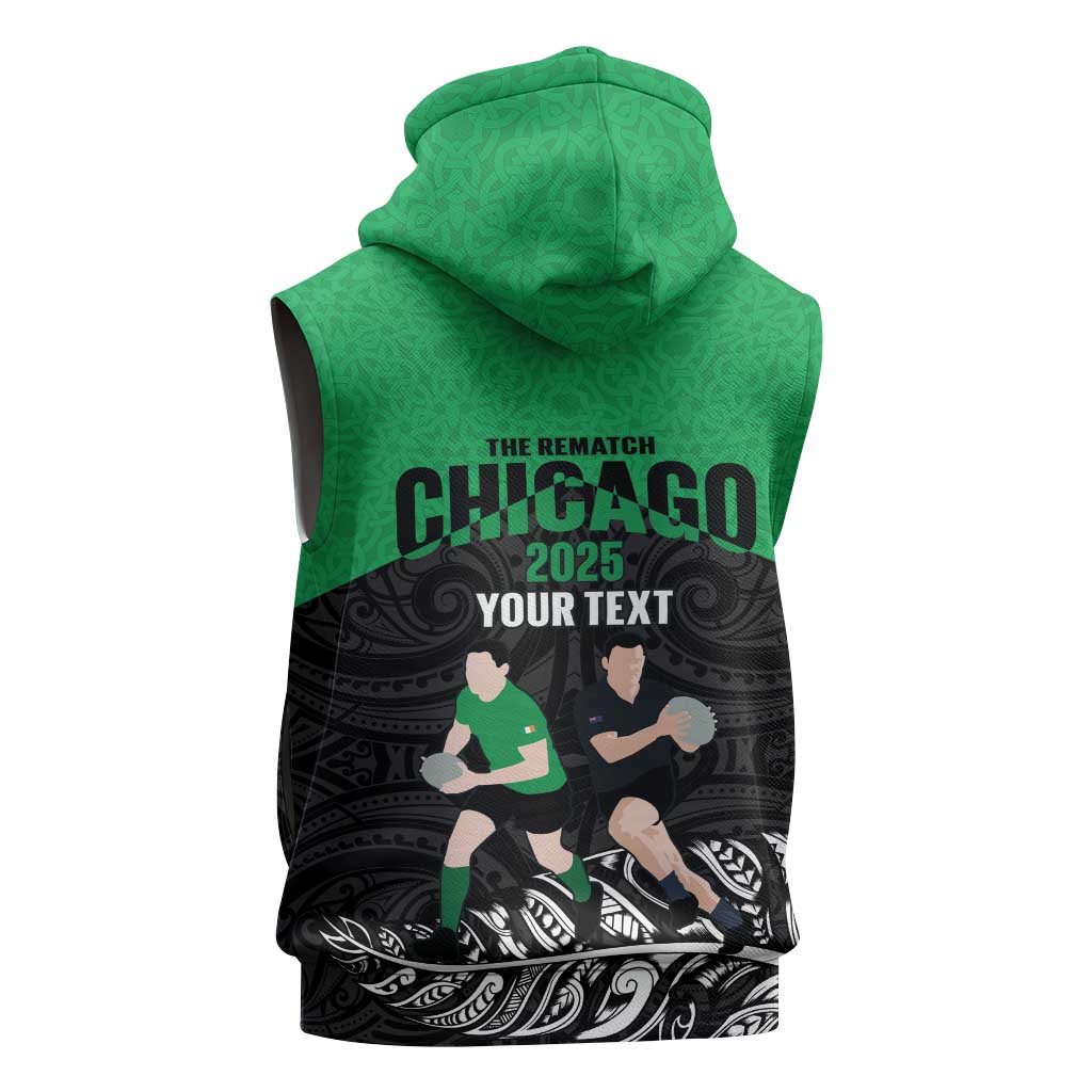 New Zealand and Ireland Rugby Custom Sleeveless Zip Hoodie Chicago 2025 Go All Black Shamrocks LT14 - Polynesian Pride