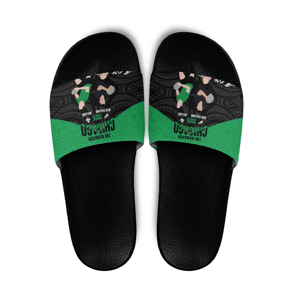 New Zealand and Ireland Rugby Slide Sandals Chicago 2025 Go All Black Shamrocks LT14 Black - Polynesian Pride