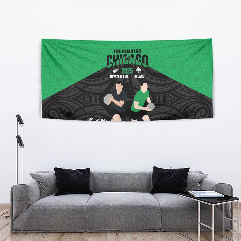 New Zealand and Ireland Rugby Tapestry Chicago 2025 Go All Black Shamrocks LT14 - Polynesian Pride