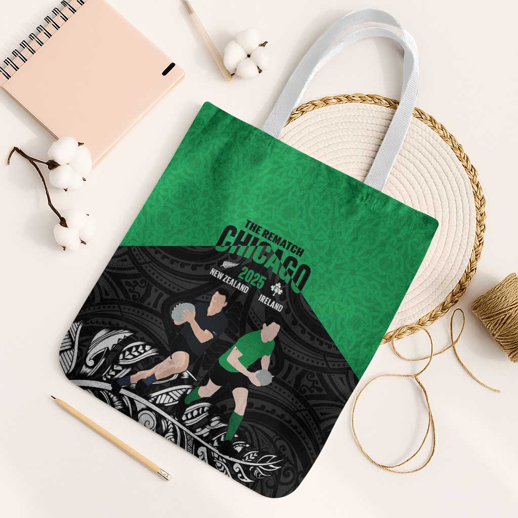 New Zealand and Ireland Rugby Tote Bag Chicago 2025 Go All Black Shamrocks LT14 White Strap One Size Black - Polynesian Pride