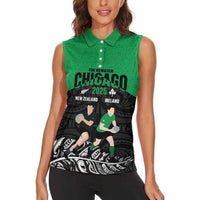 New Zealand and Ireland Rugby Custom Women Sleeveless Polo Shirt Chicago 2025 Go All Black Shamrocks LT14 - Polynesian Pride