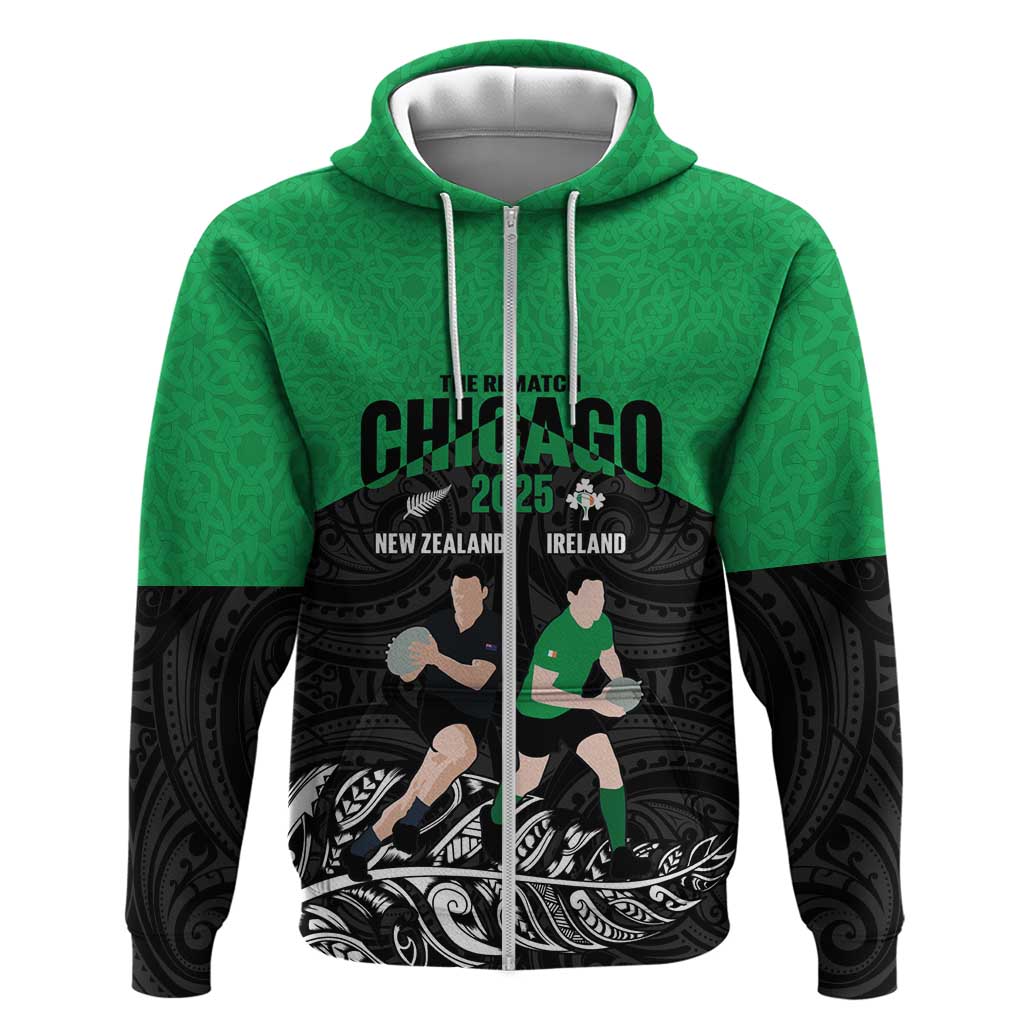 New Zealand and Ireland Rugby Custom Zip Hoodie Chicago 2025 Go All Black Shamrocks LT14 Zip Hoodie Black - Polynesian Pride