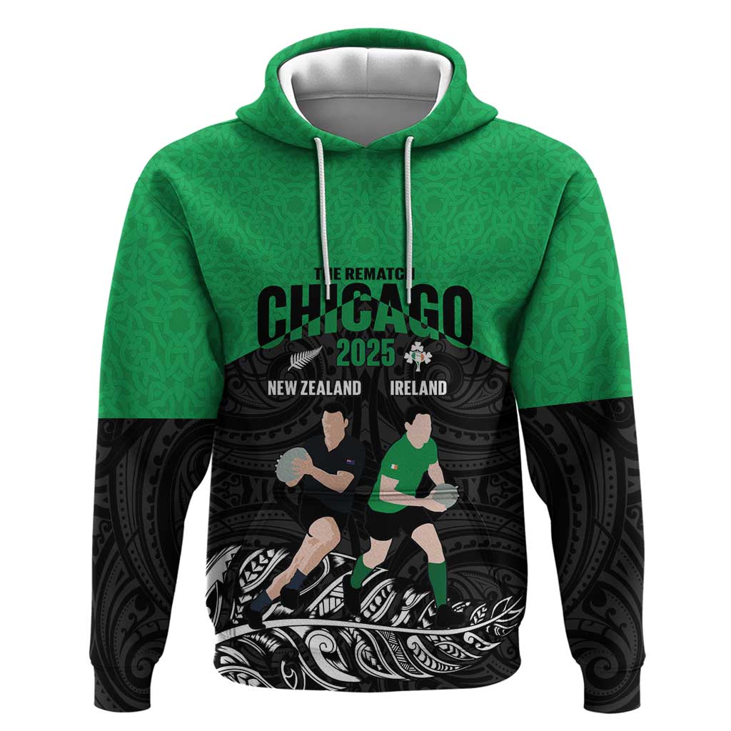 New Zealand and Ireland Rugby Custom Zip Hoodie Chicago 2025 Go All Black Shamrocks LT14 Pullover Hoodie Black - Polynesian Pride