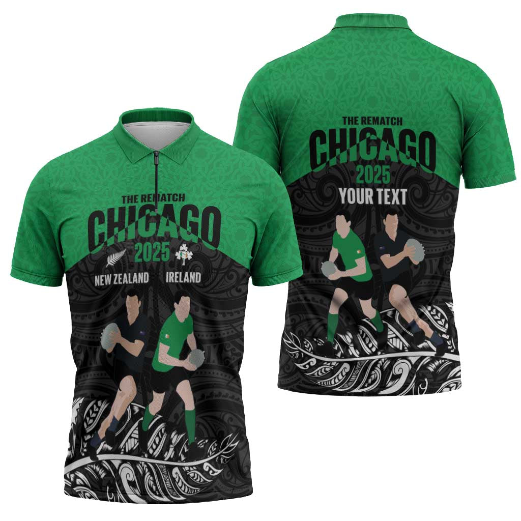 New Zealand and Ireland Rugby Custom Zipper Polo Shirt Chicago 2025 Go All Black Shamrocks LT14 - Polynesian Pride