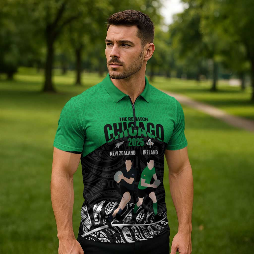 New Zealand and Ireland Rugby Custom Zipper Polo Shirt Chicago 2025 Go All Black Shamrocks LT14 - Polynesian Pride
