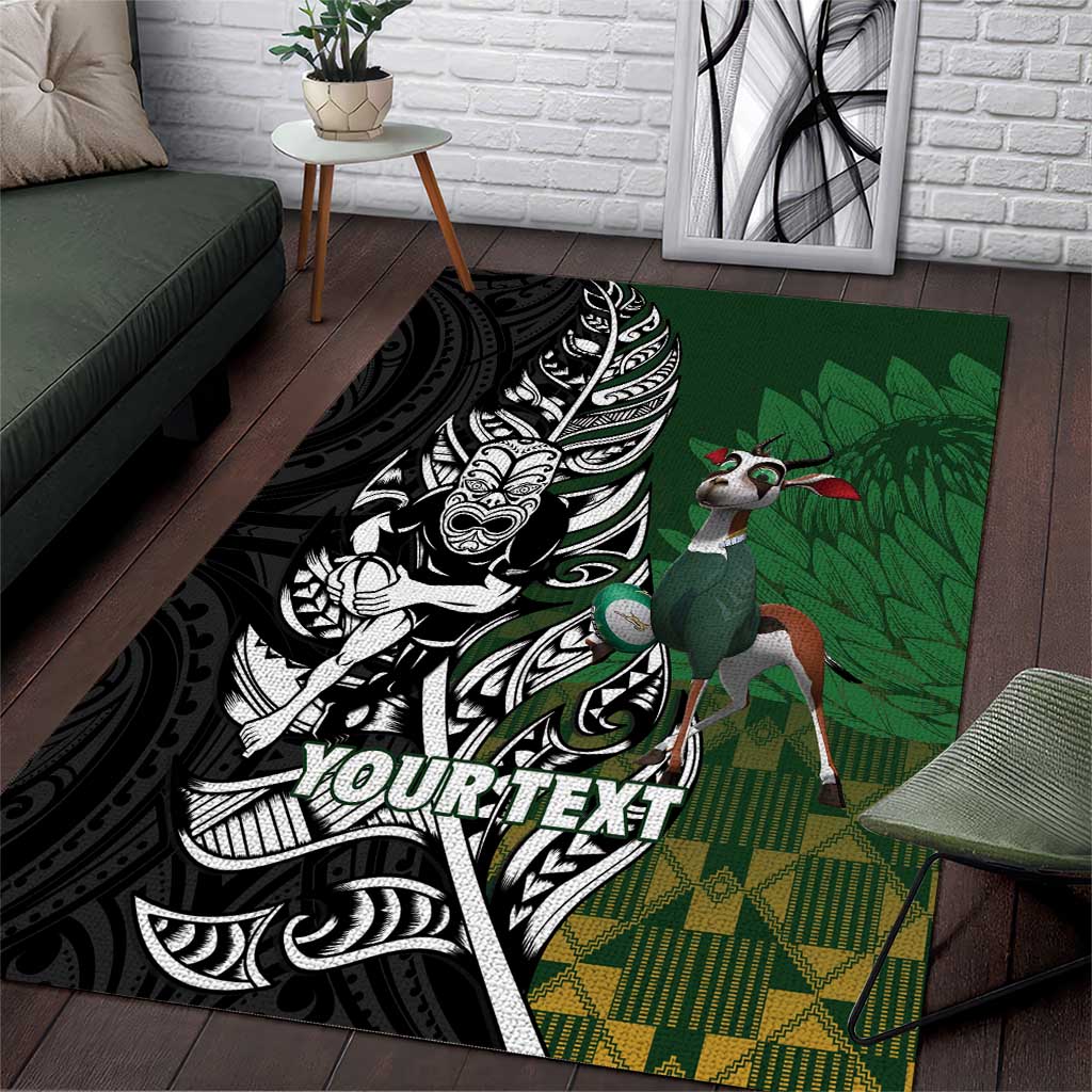 New Zealand and South Africa Rugby Custom Area Rug Maori Tiki Fern Springboks Kente Pattern - Polynesian Pride