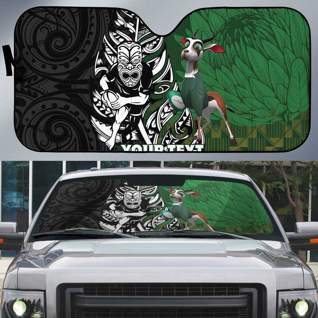 New Zealand and South Africa Rugby Custom Auto Sun Shade Maori Tiki Fern Springboks Kente Pattern LT14 Green - Polynesian Pride
