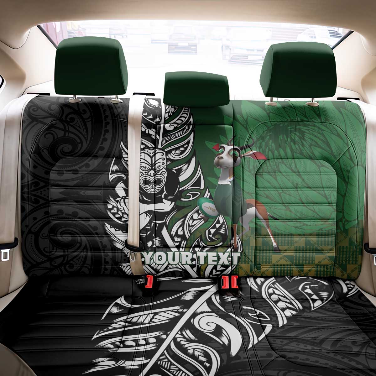 New Zealand and South Africa Rugby Custom Back Car Seat Cover Maori Tiki Fern Springboks Kente Pattern LT14 - Polynesian Pride