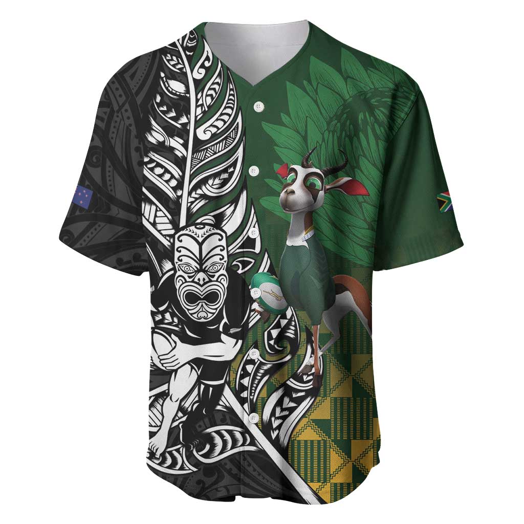New Zealand and South Africa Rugby Custom Baseball Jersey Maori Tiki Fern Springboks Kente Pattern LT14 Green - Polynesian Pride