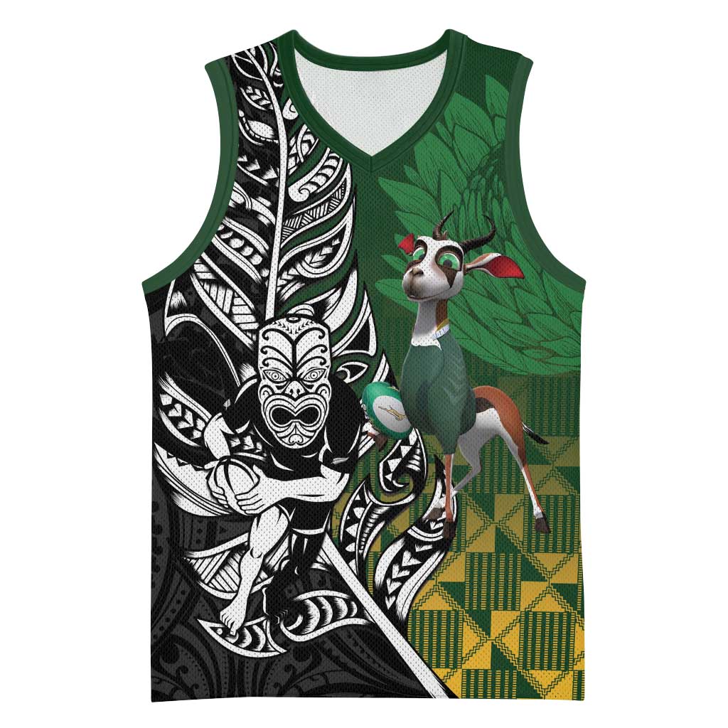New Zealand and South Africa Rugby Custom Basketball Jersey Maori Tiki Fern Springboks Kente Pattern LT14 Unisex Green - Polynesian Pride