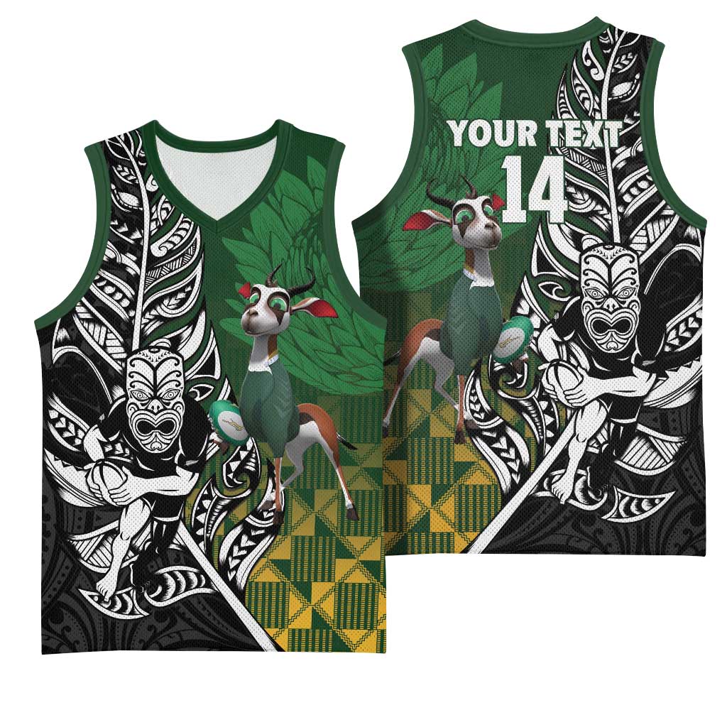 New Zealand and South Africa Rugby Custom Basketball Jersey Maori Tiki Fern Springboks Kente Pattern LT14 - Polynesian Pride