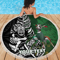 New Zealand and South Africa Rugby Custom Beach Blanket Maori Tiki Fern Springboks Kente Pattern LT14 - Polynesian Pride