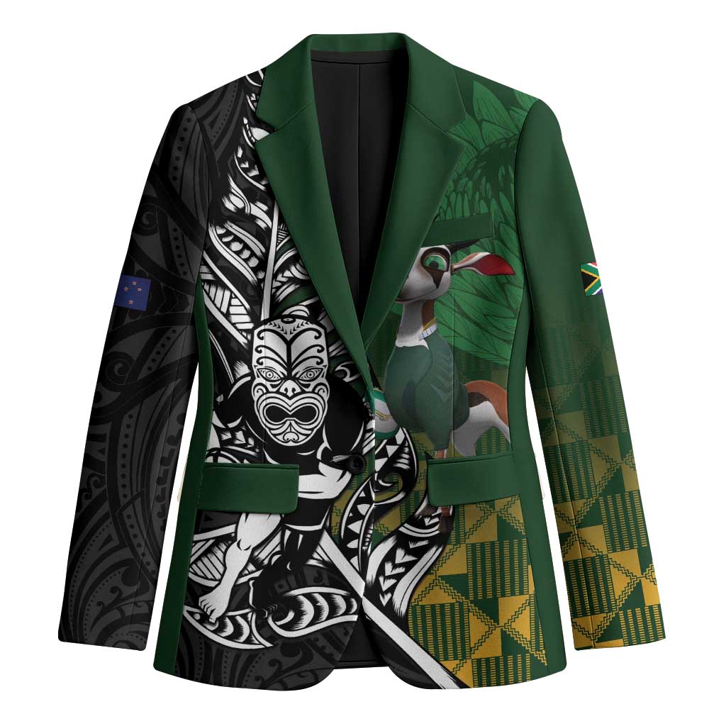 New Zealand and South Africa Rugby Custom Blazer Maori Tiki Fern Springboks Kente Pattern LT14 Unisex Green - Polynesian Pride