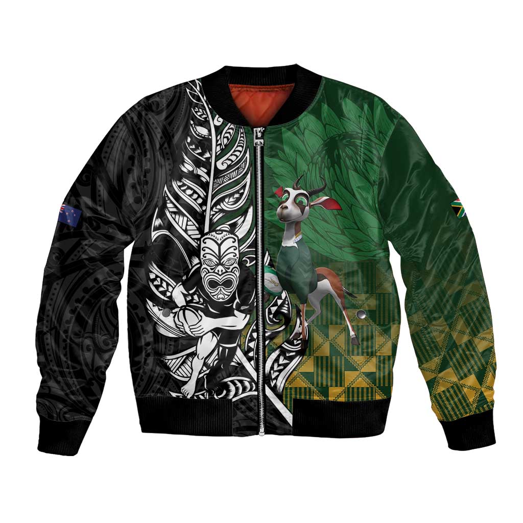 New Zealand and South Africa Rugby Custom Bomber Jacket Maori Tiki Fern Springboks Kente Pattern LT14 Unisex Green - Polynesian Pride