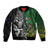 New Zealand and South Africa Rugby Custom Bomber Jacket Maori Tiki Fern Springboks Kente Pattern LT14 Unisex Green - Polynesian Pride