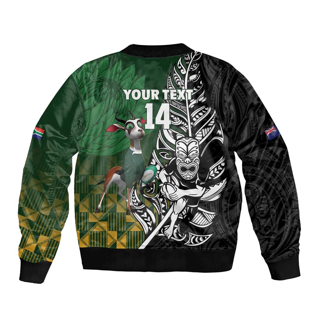 New Zealand and South Africa Rugby Custom Bomber Jacket Maori Tiki Fern Springboks Kente Pattern LT14 - Polynesian Pride
